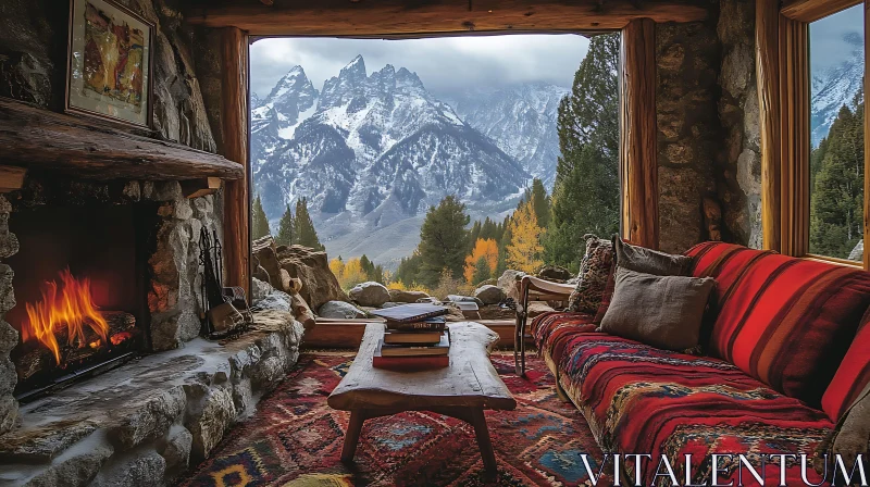 AI ART Cozy Cabin Interior with Mountain Scenery