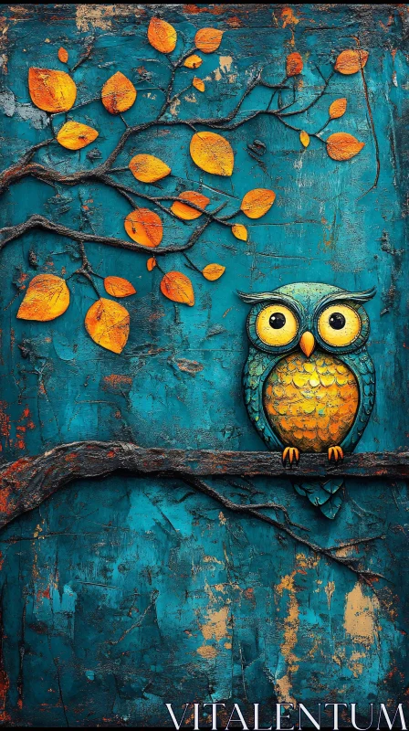 Textured Owl Artwork on Branch AI Image