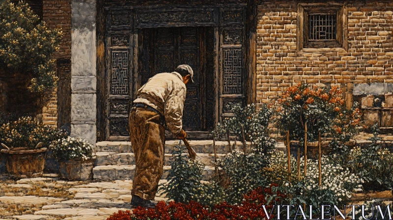 Man Gardening in Front of Old House AI Image