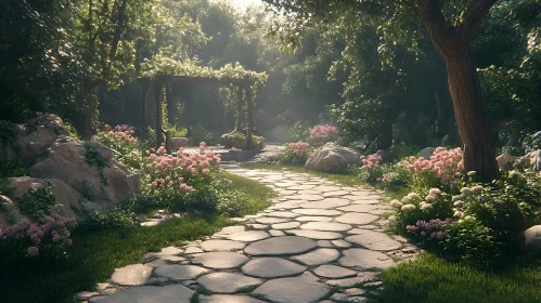 Sunlit Stone Path in a Peaceful Garden