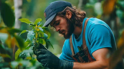 Gardener Nurturing Young Plant in Forest