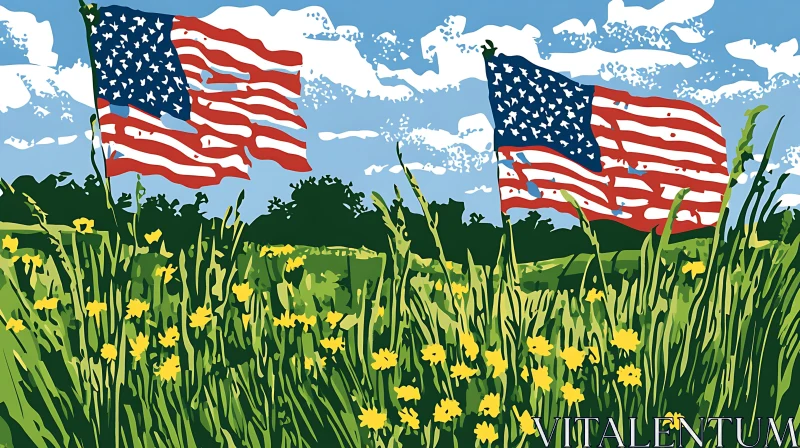 AI ART Patriotic Field with American Flags Art