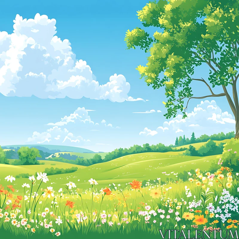 AI ART Vibrant Floral Meadow Under Blue Skies