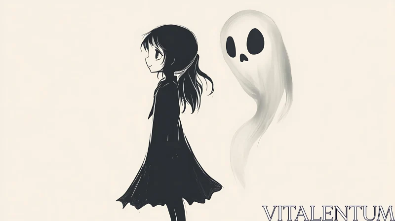 Whimsical Girl with Ghost Companion Artwork AI Image