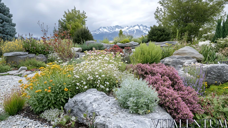 Floral Garden with Mountain Backdrop AI Image