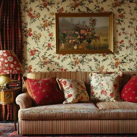 Cozy Floral Room with Striped Sofa