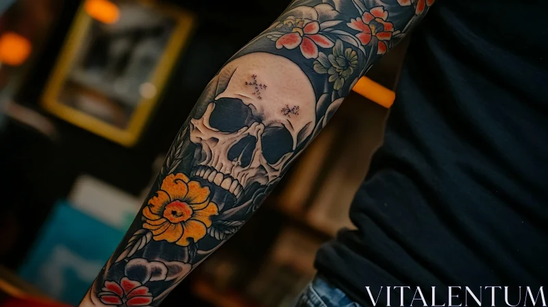 Detailed Full Arm Tattoo with Skull and Flowers AI Image