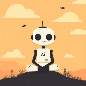 Peaceful Robot Meditating at Sunset