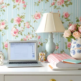 Cozy Home Office with Laptop and Flowers