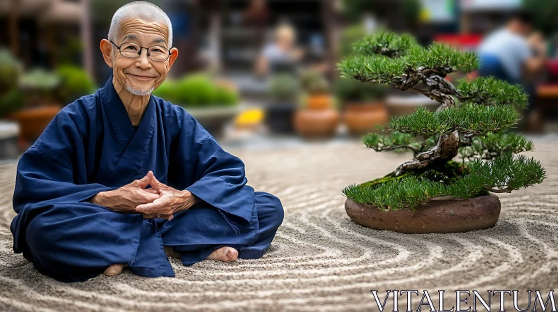 Meditative Man in Zen Garden with Bonsai AI Image