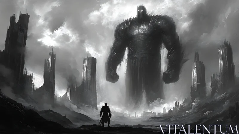 AI ART Monochrome Encounter: Warrior vs. Colossus