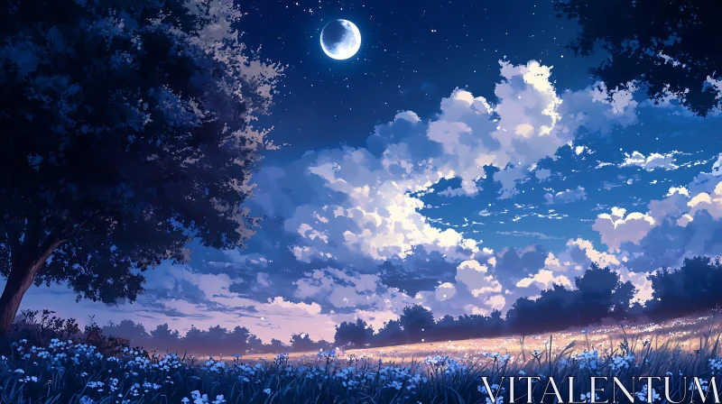 Moonlit Meadow at Night AI Image