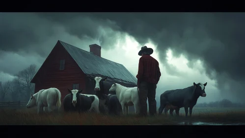 Farmer with Cows by Barn