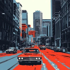 Stylized City Street with Classic Car