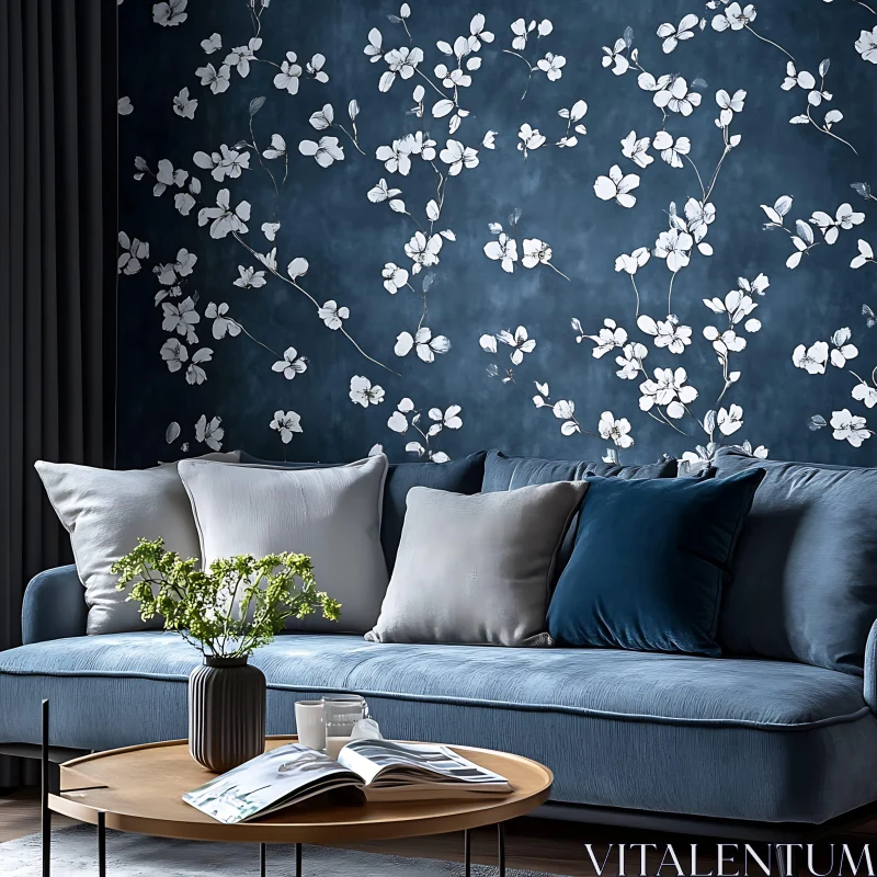 AI ART Stylish Blue Sofa with Floral Wallpaper