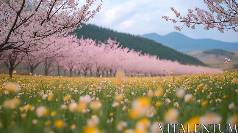 Floral Meadow Under Blooming Trees AI Image