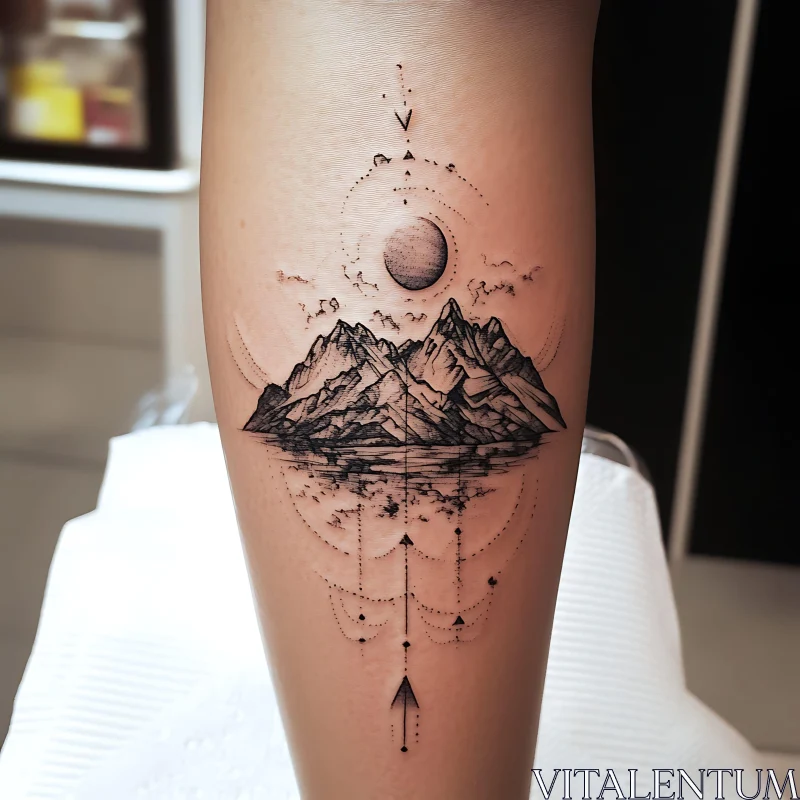 Detailed Mountain and Sun Tattoo with Geometric Elements AI Image