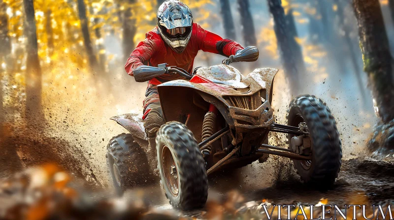 Muddy Forest Ride on Quad Bike AI Image