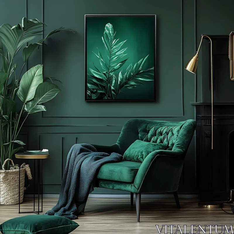 AI ART Emerald Room with Botanical Artwork