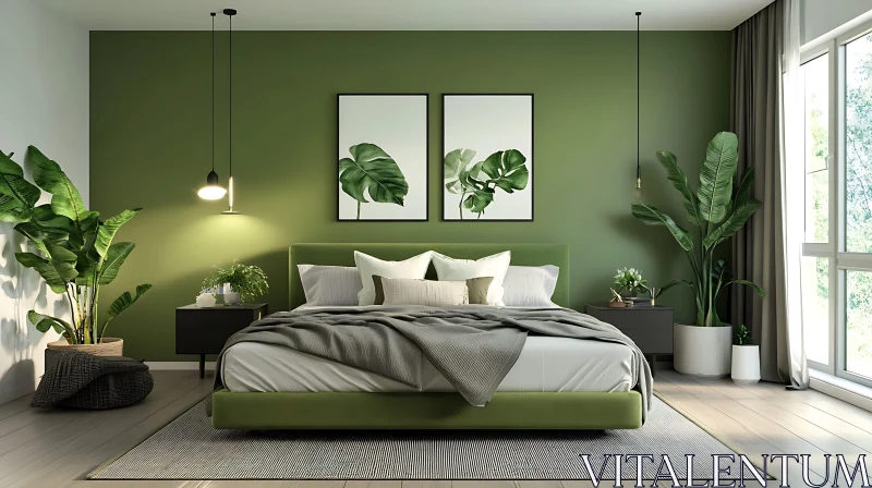 AI ART Modern Bedroom with Green Accents and Plants