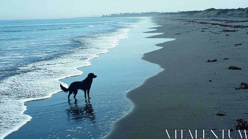 AI ART Calm Beach with Dog Silhouette at Shore