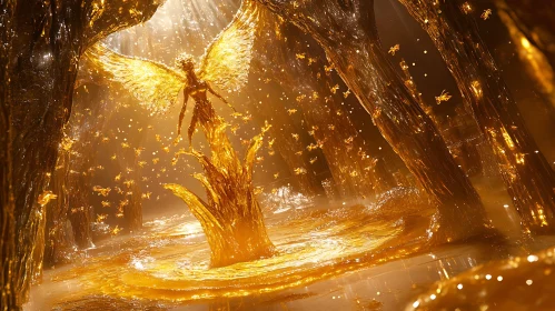 Winged Golden Figure in a Magical Realm