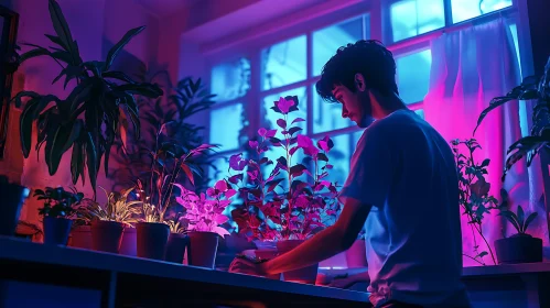 Man Caring for Plants in Neon Light