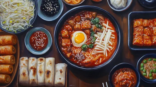 Sumptuous Asian Meal Featuring Noodle Soup and Side Dishes