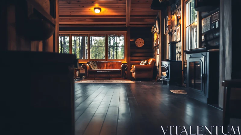 Cozy Cabin Interior with Leather Furniture AI Image