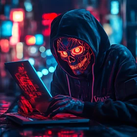 Hooded Hacker with Neon Skull Mask