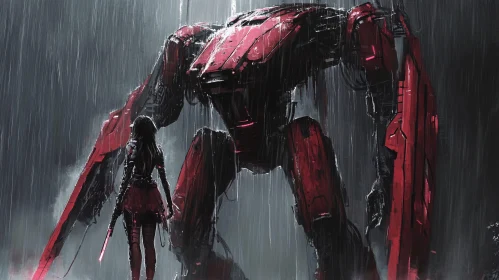 Cyberpunk Robot and Warrior in the Rain