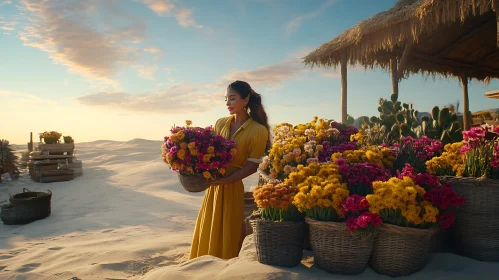 Woman with Flowers in Desert