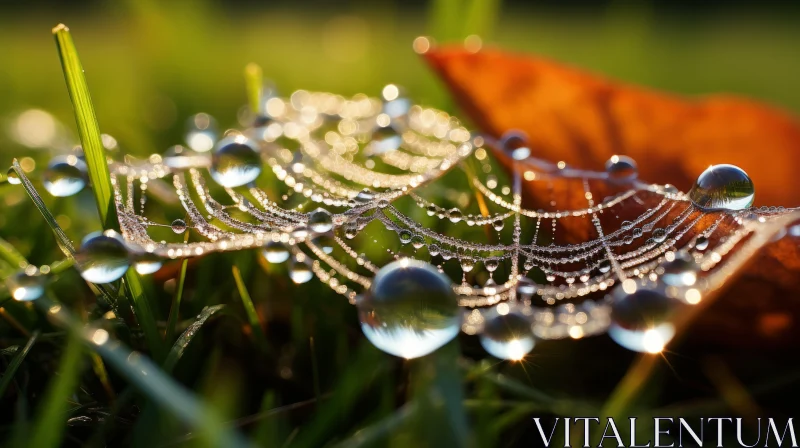 Amber and Silver Spiderweb with Dewdrops in Grass AI Image