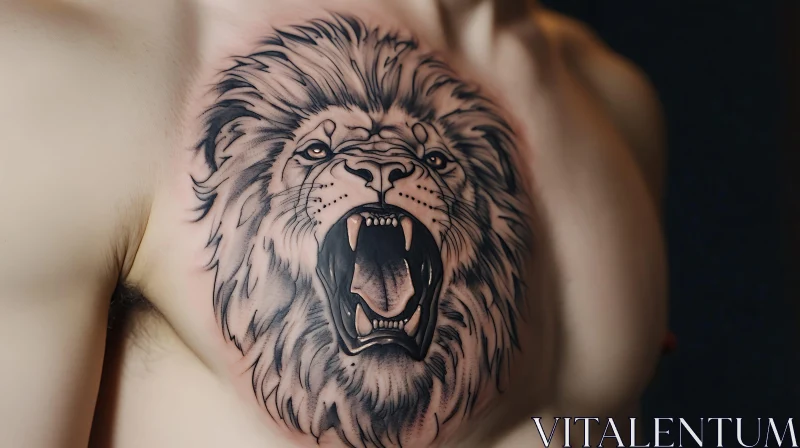 Intricate Roaring Lion Chest Tattoo in Black and Grey AI Image