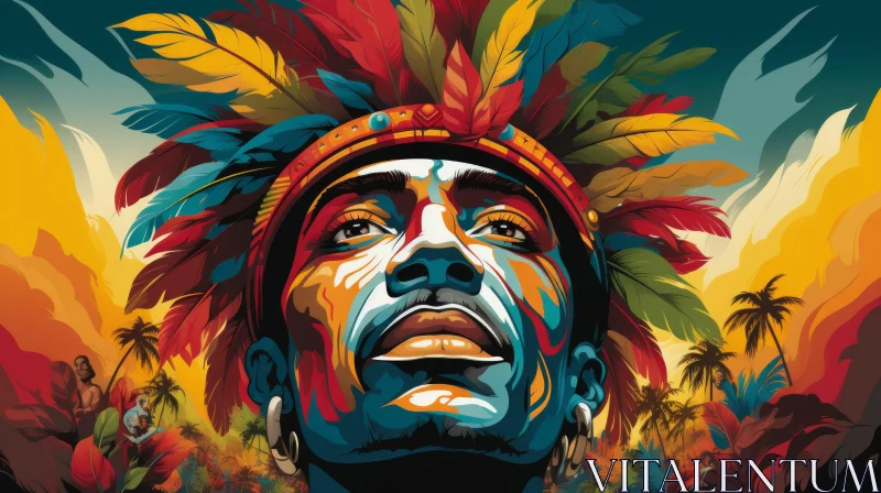 Bold and Colorful Man in Feathered Headdress Art Illustration AI Image