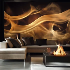 Stylish Interior with Fireplace and Abstract Wall