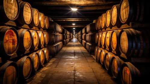 Captivating Wine Cellar Scene: Dark Hallway with Wooden Barrels