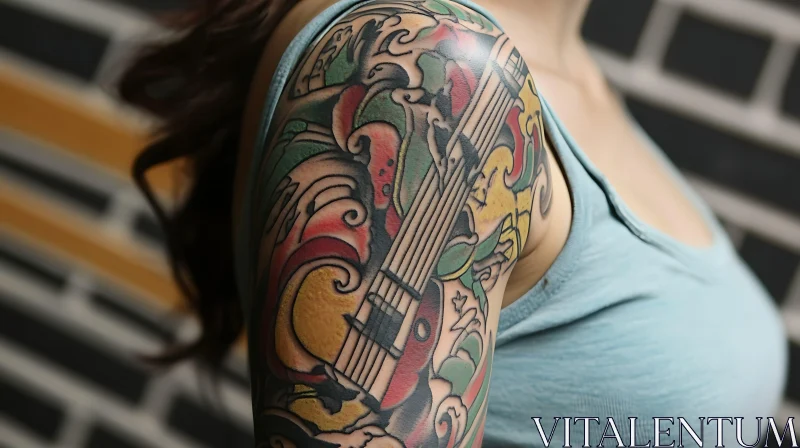 Stylized Guitar Arm Tattoo with Abstract Elements AI Image