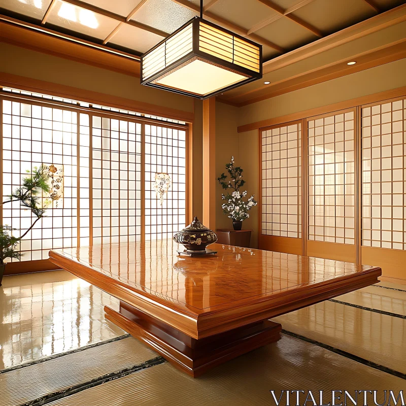 Serene Room with Polished Table and Lantern AI Image