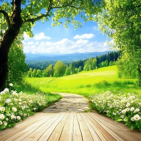 Green Meadow with Flowers and Path