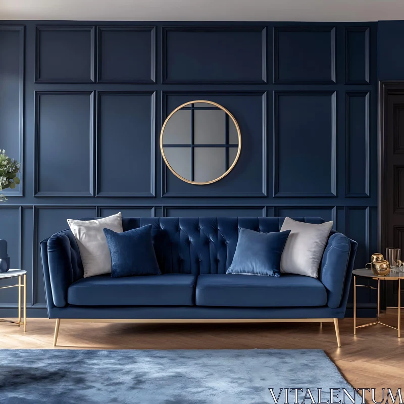 Stylish Blue Interior with Velvet Couch AI Image