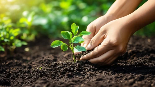 Hands Planting Seedling in Soil