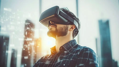 Man Using VR Headset in Digital Environment