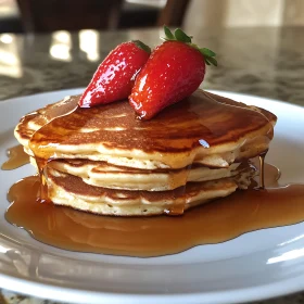 Pancakes Drizzled with Syrup Topped with Strawberries