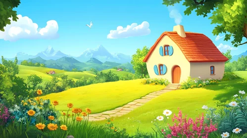 Whimsical Cartoon Home Amidst Blooming Meadows