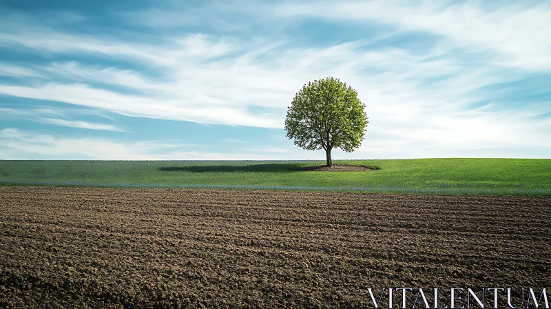 Lone Tree Landscape with Blue Sky AI Image