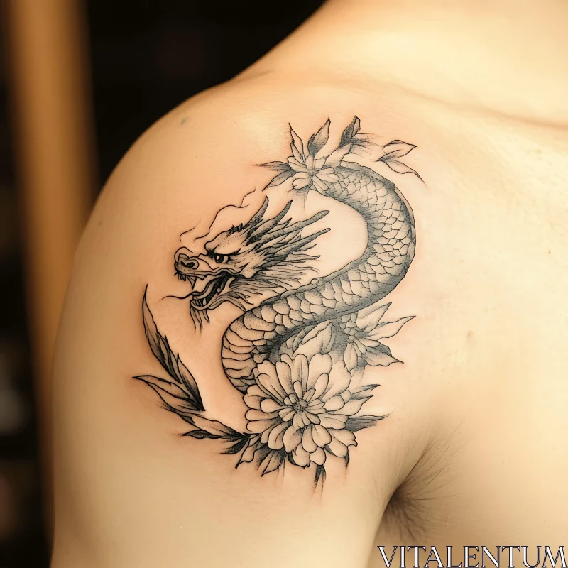 Intricate Dragon and Flower Shoulder Tattoo AI Image