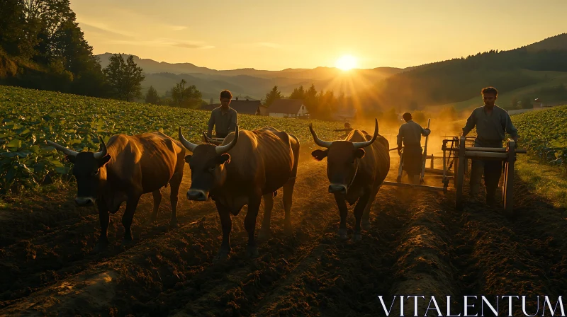 Cattle Plowing Field at Sunset AI Image