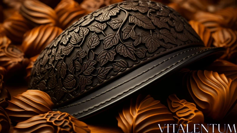Leather Hat Among Chocolate Desserts with Detailed Leaf Patterns AI Image