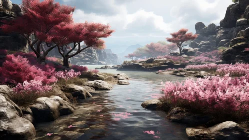 Scenic Mountain Stream and Pink Flower Landscape